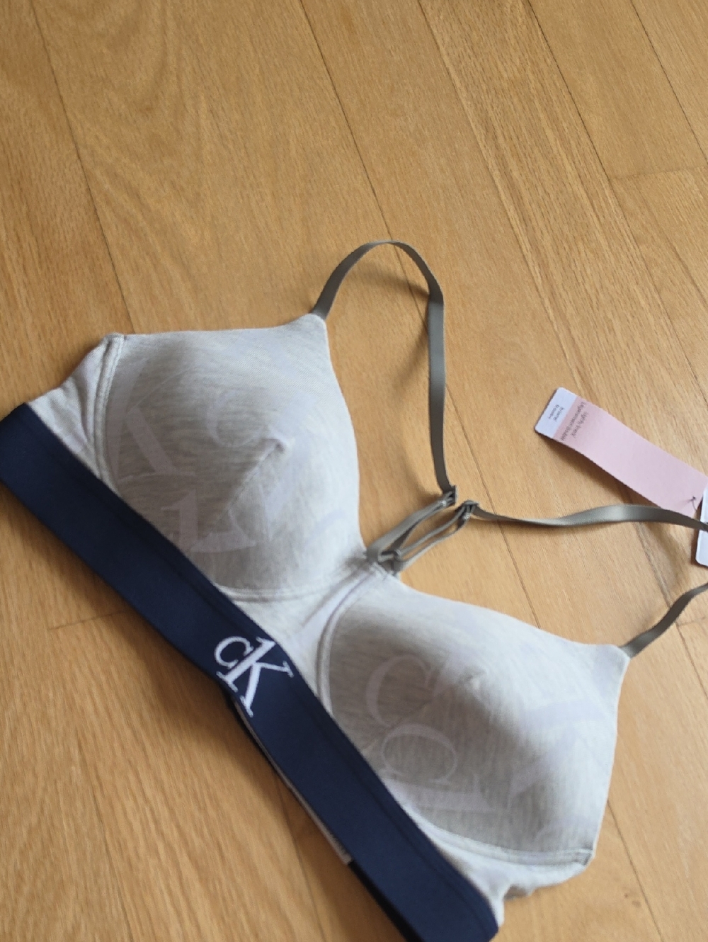 Calvin Klein Grey Logo Wireless Bralette with Navy Band Size M
